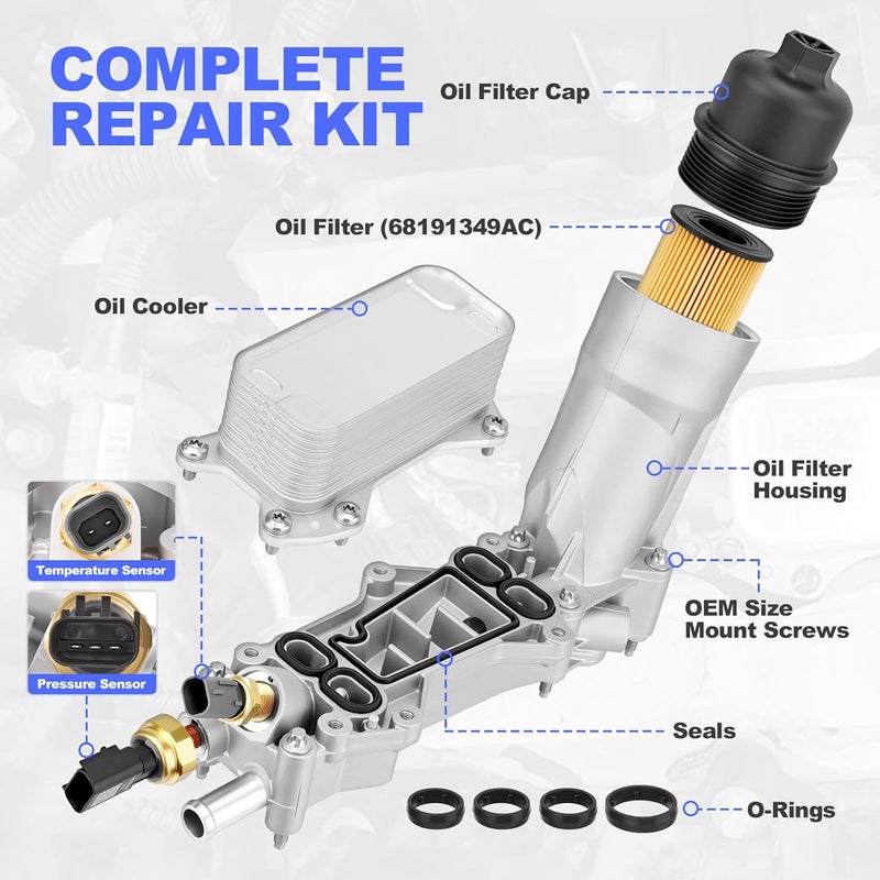 GEARFLEX Aluminum Engine Oil Cooler Filter Housing Assembly with Sensors & Gaskets Compatible with 2017-2018 Jeep Dodge Chrysler Ram 3.6L V6 Replace for 926-959 926-876 68310865AC - Image 4